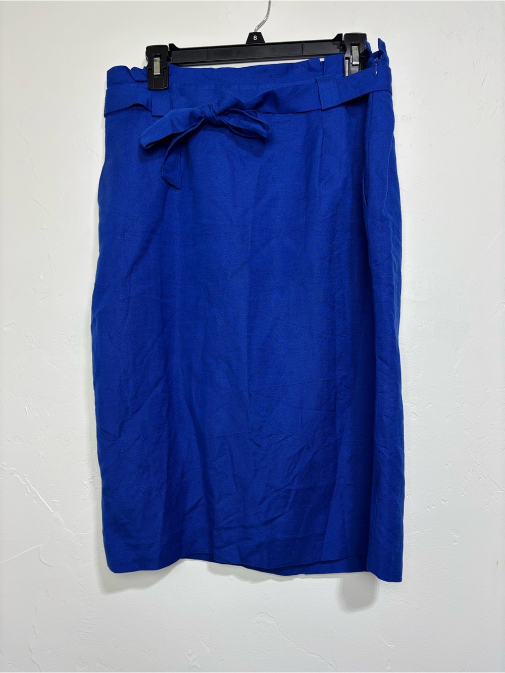 Calvin Klein Women's 14P Blue Solid Pencil Knee Skirt Lined Tie Waist Zip Linen